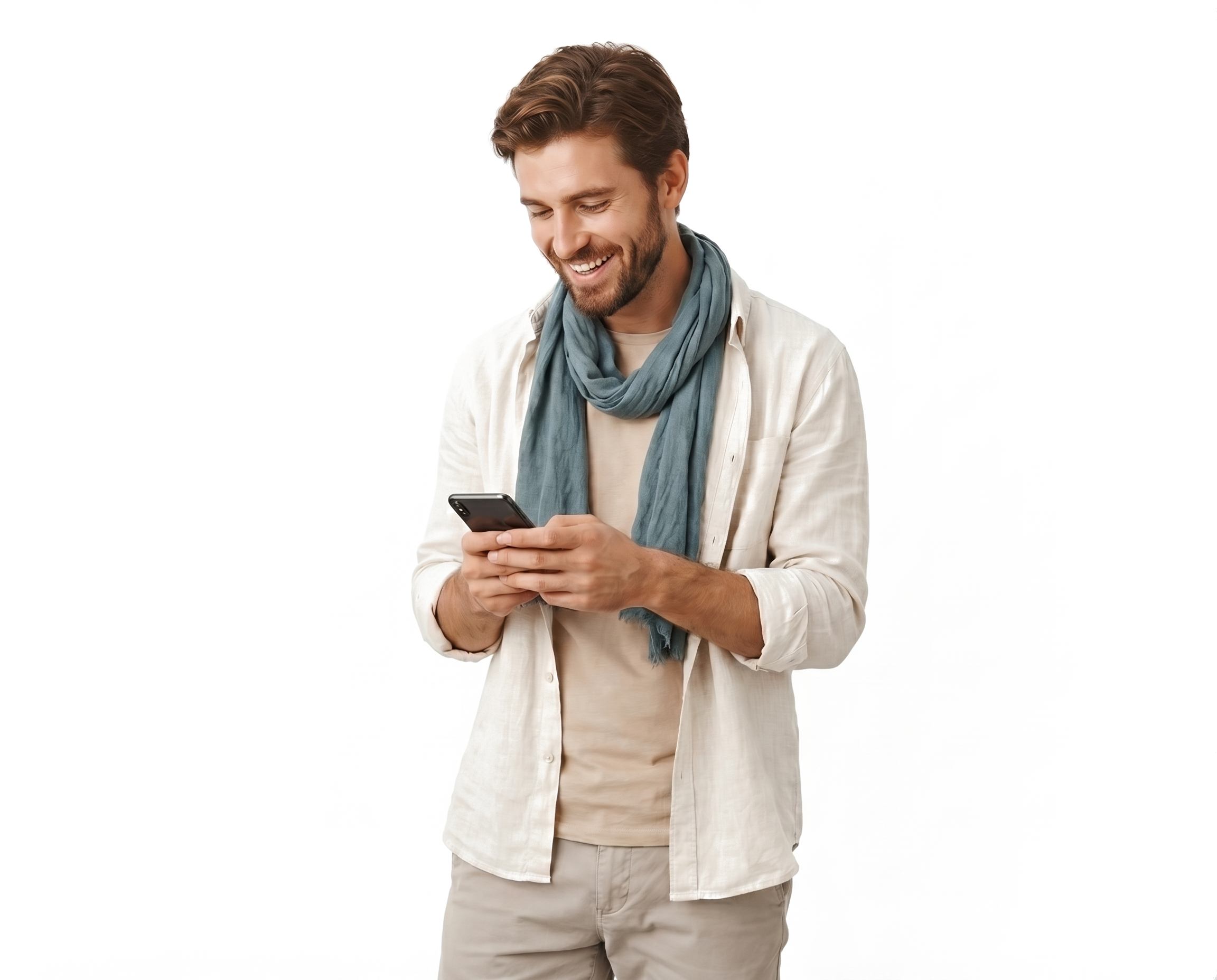 Hombre sonriendo mientras mira su celular sobre un fondo blanco
