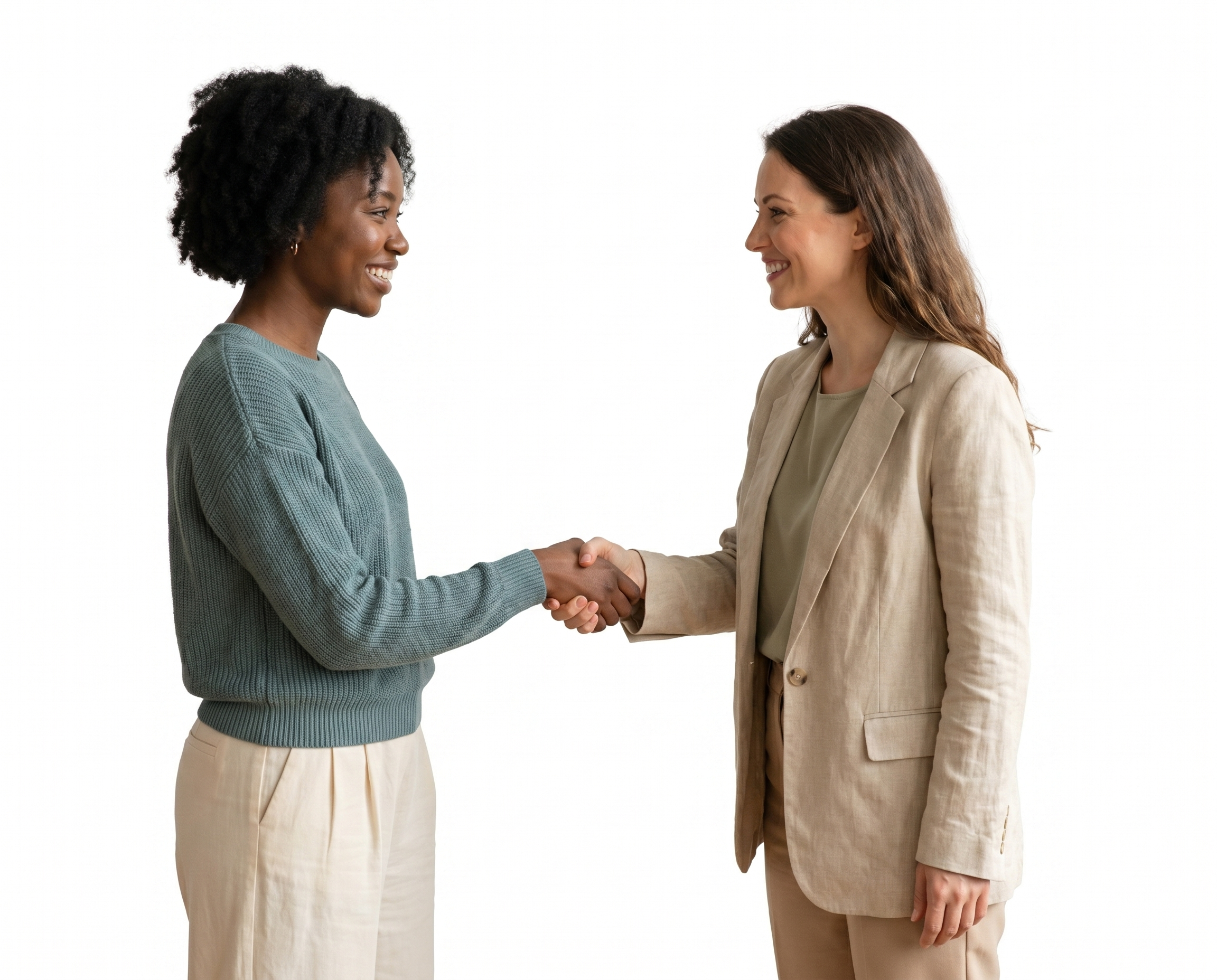 Dos mujeres sonriéndose mientras se saludan con un apretón de manos sobre un fondo blanco